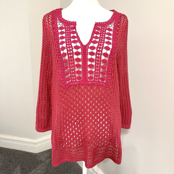 Chico's Sweaters - Chicos Sweater Sz 2 Womens Size Large Open Weave 3/4 Sleeve Top Beach Cover Pink